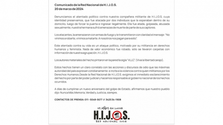 Denuncian ataque a militante de H.I.J.O.S. y un mensaje en una pared: VLLC