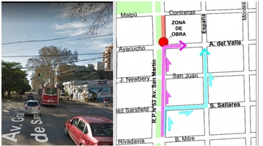 Desvío por obra de Aysa en Av. San Martín, entre Aristóbulo del Valle y Contreras